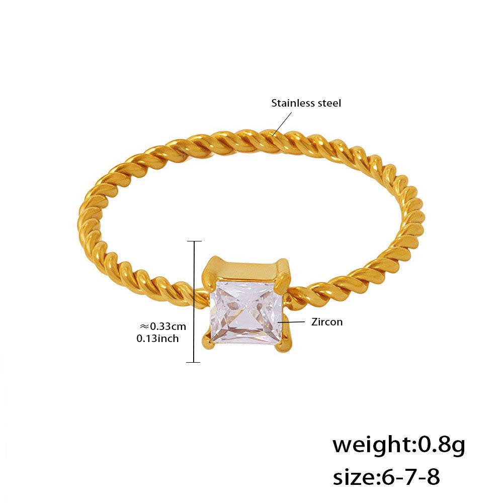 Twisted Gold Ring with 5A Zirconia Stone - Stackable Minimalist Band