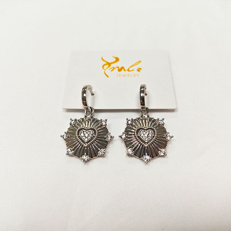 S925 Silver Plated Sunburst Heart Hoop Earrings - 5A Zirconia Radiant Design