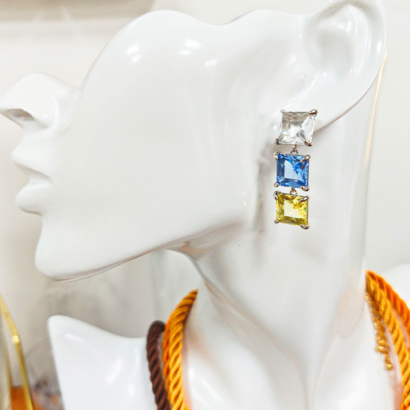 S925 Silver Plated Triple Stone Drop Earrings - Crystal Blue Yellow 5A Zirconia