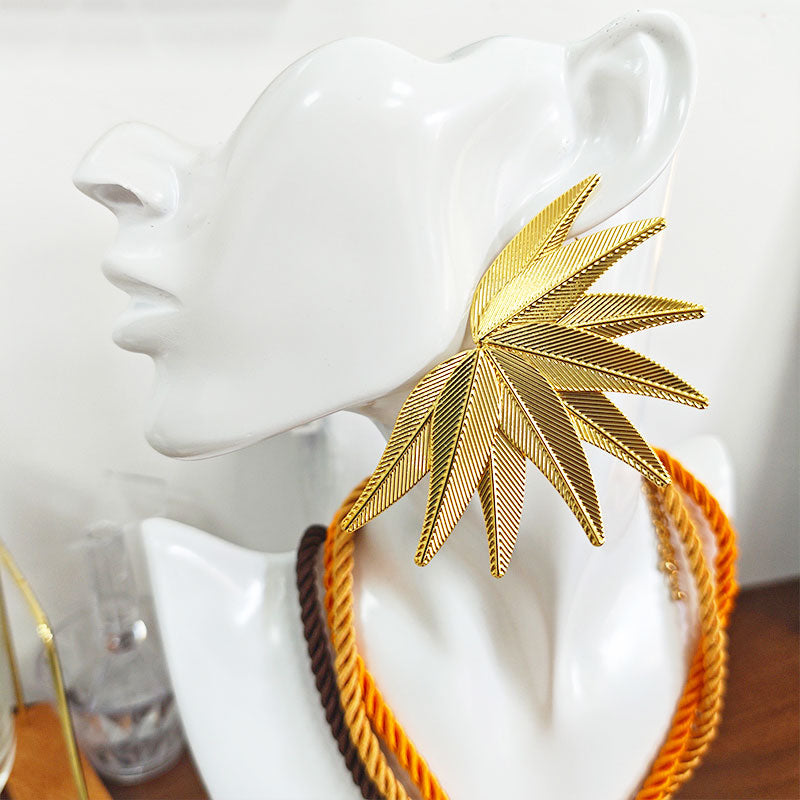 18K Gold Plated Leaf Statement Earrings - Large Botanical Drop Earrings for Women