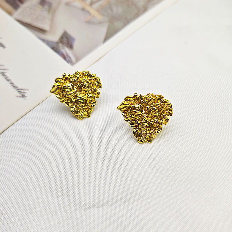 18K Gold Plated Heart Rose Stud Earrings - Hypoallergenic Romantic Jewelry