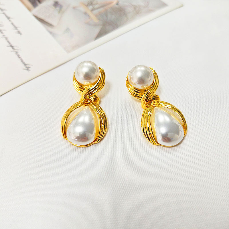 18K Gold Plated Double Pearl Drop Earrings - Hypoallergenic Elegant Statement Earrings