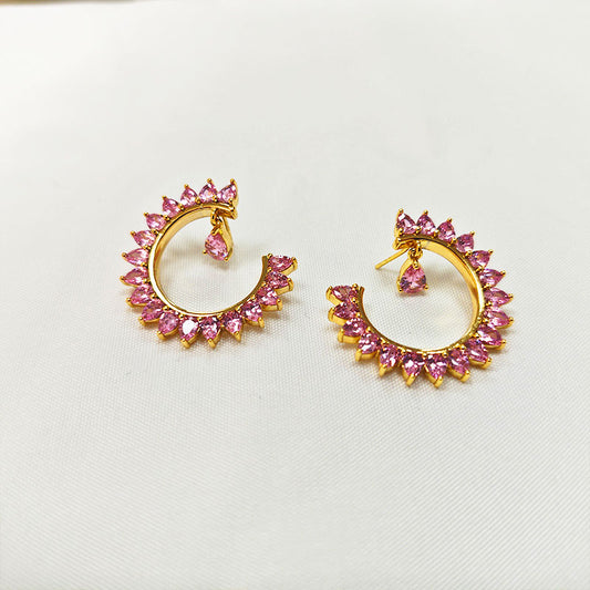 💎 18K Gold Plated Pink Zirconia Hoop Earrings - Luxury Crown-Style Statement Hoops That Scream Royalty