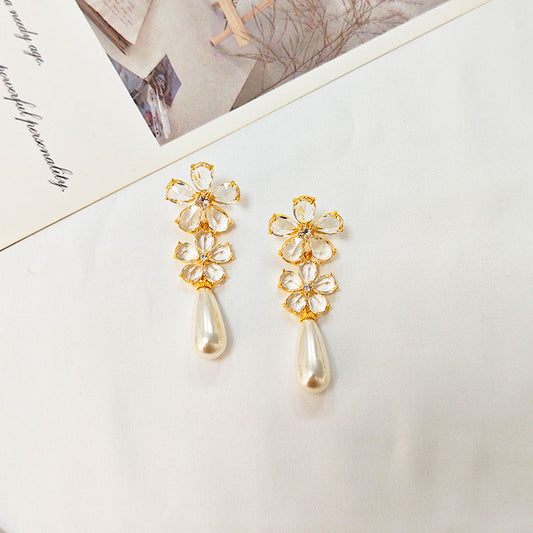 18K Gold Plated Floral Pearl Drop Earrings - Hypoallergenic 5A Zirconia Flower Dangle Earrings