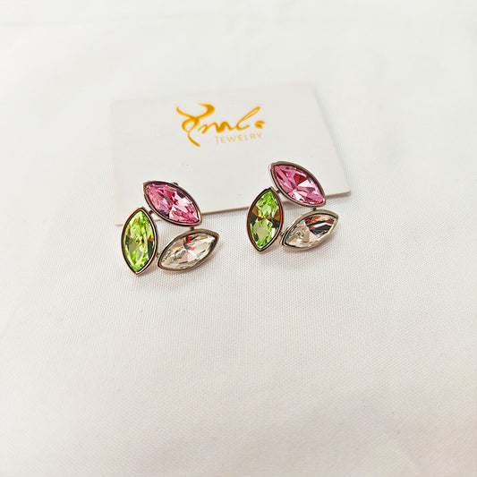 Silver Plated Zirconia Leaf Earrings - Tri-Color Crystal Stud Earrings for Women