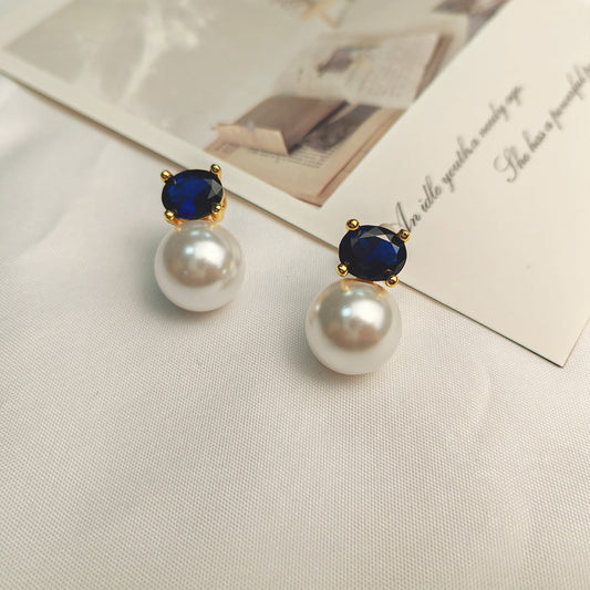 18K Gold Plated Hypoallergenic Pearl Drop Earrings with Blue Sapphire - Elegant Statement Jewelry