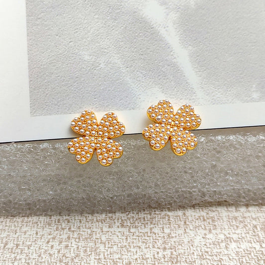 Elegant 18K Gold Plated Pearl Earrings - Four Leaf Clover Studs | Hypoallergenic Luxury Jewelry