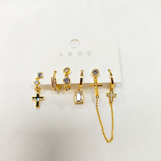 18K Gold Plated Cross Charm Earring Set - 5A Zirconia Crystal Huggie Hoops