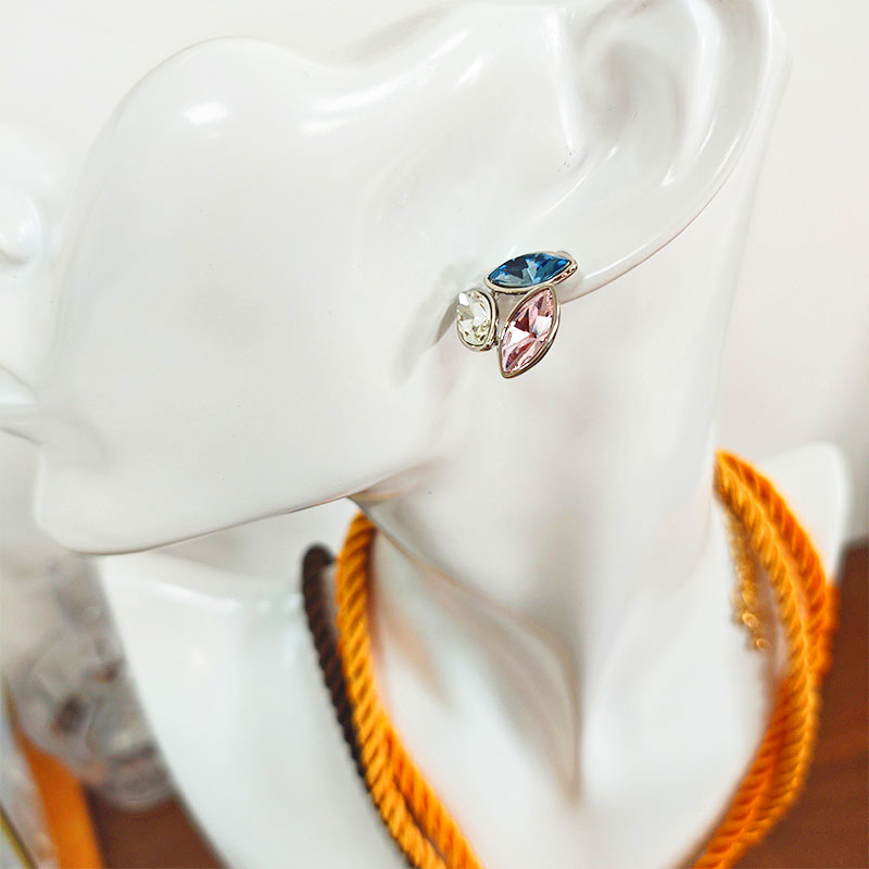 Silver Plated Multi-Color Zirconia Leaf Earrings - Sapphire Blue Pink Clear Rainbow Crystal Stud Earrings