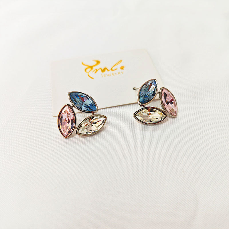 Silver Plated Multi-Color Zirconia Leaf Earrings - Sapphire Blue Pink Clear Rainbow Crystal Stud Earrings