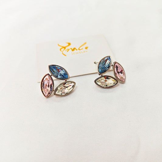 Silver Plated Multi-Color Zirconia Leaf Earrings - Sapphire Blue Pink Clear Rainbow Crystal Stud Earrings