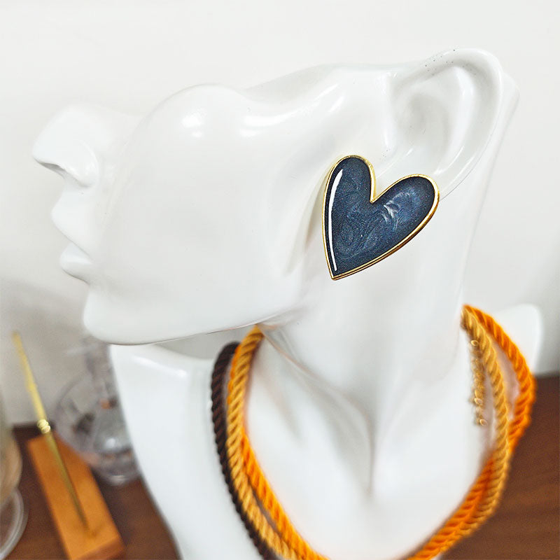 18K Gold Plated Dark Marble Zirconia Heart Stud Earrings