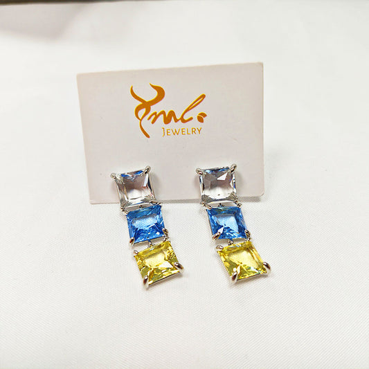 S925 Silver Plated Triple Stone Drop Earrings - Crystal Blue Yellow 5A Zirconia