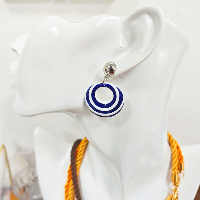 Silver Plated Striped Circle Drop Earrings - Hypoallergenic Enamel Coating Dangle Earrings