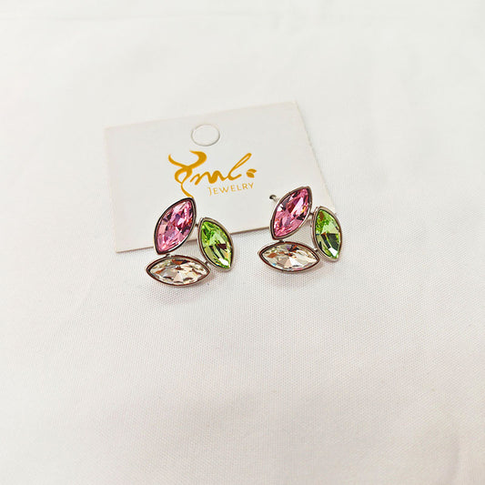Silver Plated Zirconia Leaf Earrings - Colorful Crystal Stud Earrings
