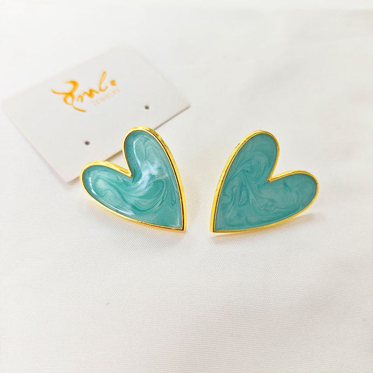 18K Gold Plated Green Marble Zirconia Heart Stud Earrings