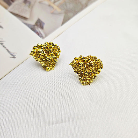 18K Gold Plated Heart Rose Stud Earrings - Hypoallergenic Romantic Jewelry