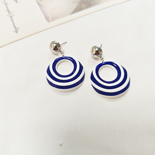 Silver Plated Striped Circle Drop Earrings - Hypoallergenic Enamel Coating Dangle Earrings