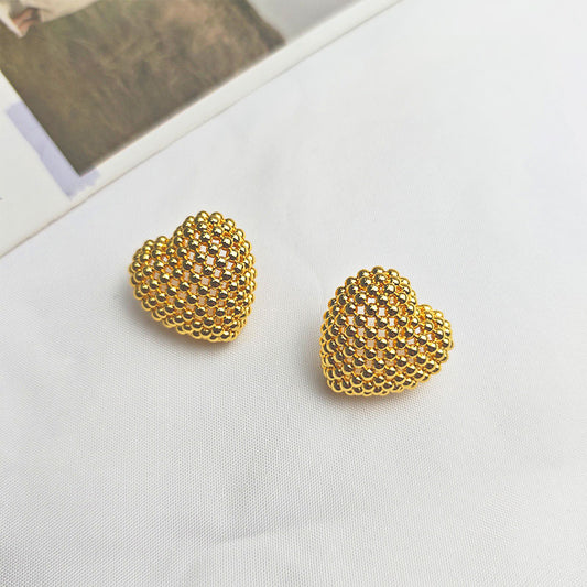 18K Gold Plated Heart Textured Stud Earrings - Hypoallergenic Romantic Jewelry