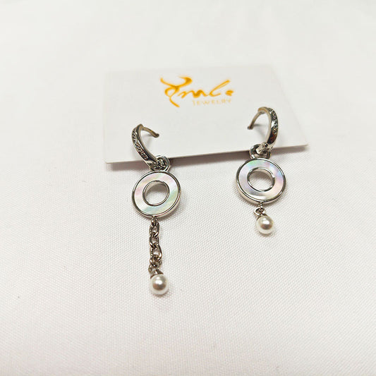 S925 Silver Plated Pearl Drop Earrings - Elegant Circle Design with Dangling Pearl Charms