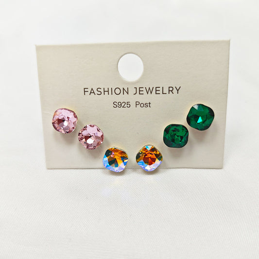 S925 Silver Plated Colorful Zirconia Stud Earrings Set - 5A Grade CZ Multi-Color Pack