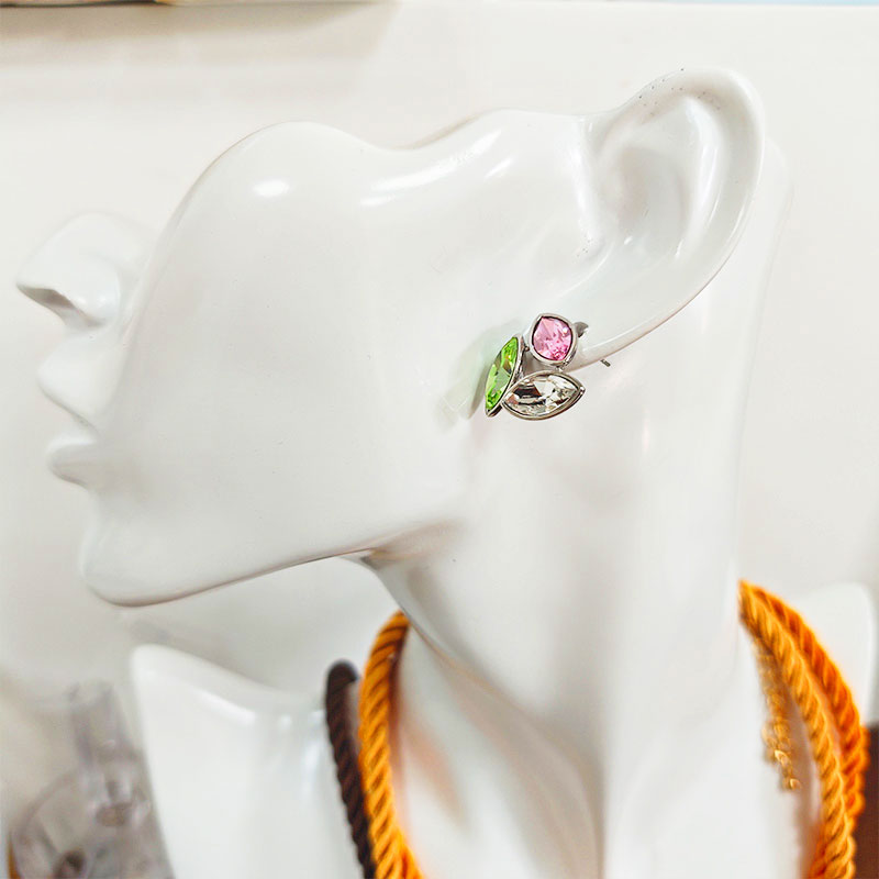 Silver Plated Zirconia Leaf Earrings - Tri-Color Crystal Stud Earrings for Women