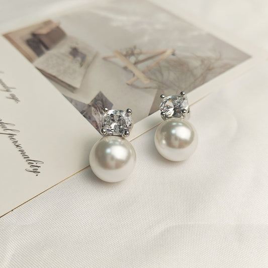 Hypoallergenic Crystal Pearl Stud Earrings - Silver Plated Copper with Brilliant Cut CZ