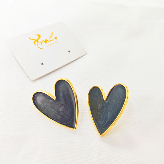 18K Gold Plated Dark Marble Zirconia Heart Stud Earrings