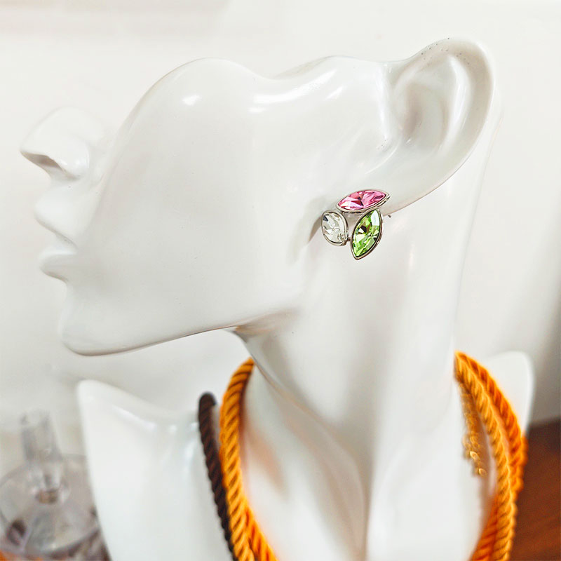 Silver Plated Zirconia Leaf Earrings - Colorful Crystal Stud Earrings